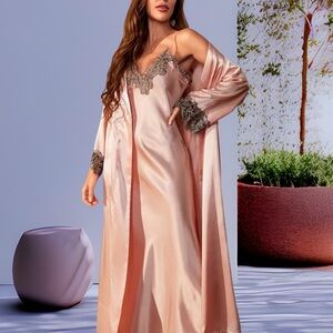 Elegant Pink Satin Chemise & Robe Set